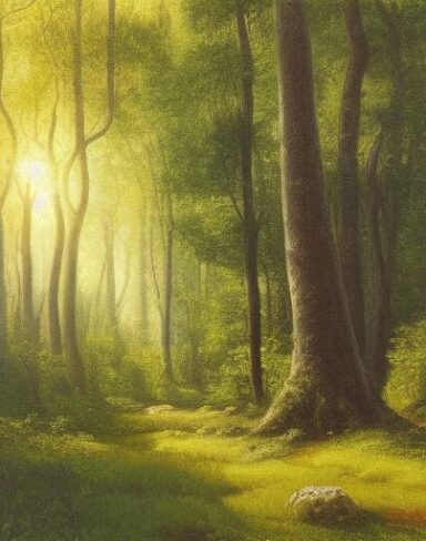 A painting of many trees and greenery in a forest