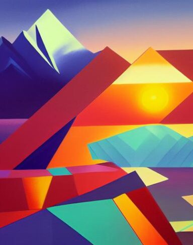 A painting of mountains and sunset in the background