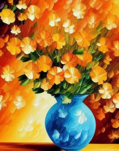 A painting of orange flowers in a vase on a table