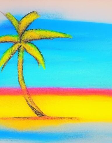 A painting of palm tree on a beach