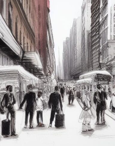 A painting of people in a city street