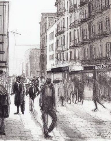 A painting of people walking down a city street