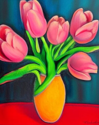 A painting of pink tulips in the vase