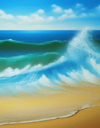 A painting of sea and beach with blue sky