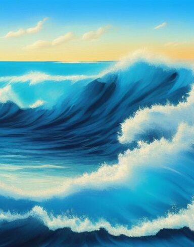 A painting of sea waves and blue sky