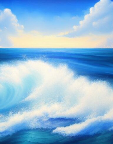 A painting of sea waves and sky