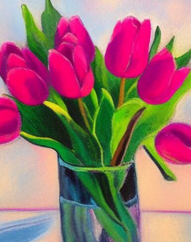 A painting of several pink tulips in the vase