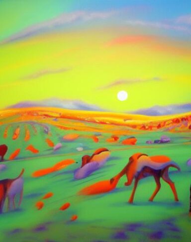A painting of the animals in a field