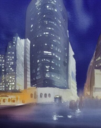 A painting of the city and buildings at night