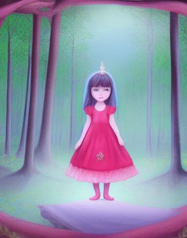 A painting of the little girl standing in a forest