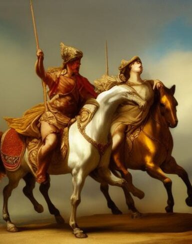 A painting of two man riding on two horse