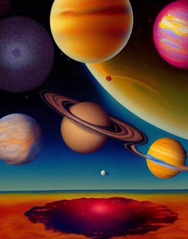 A painting of various planets in space