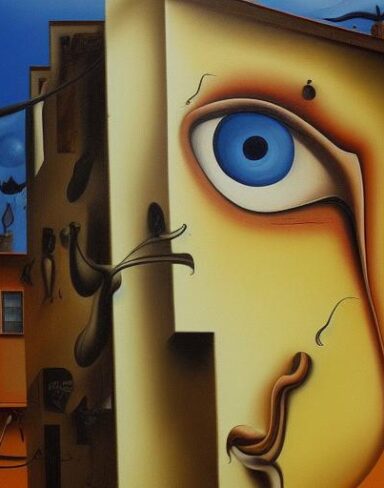 A painting on the side of a building with an eye