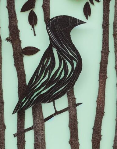 A paper cut of a bird in the forest