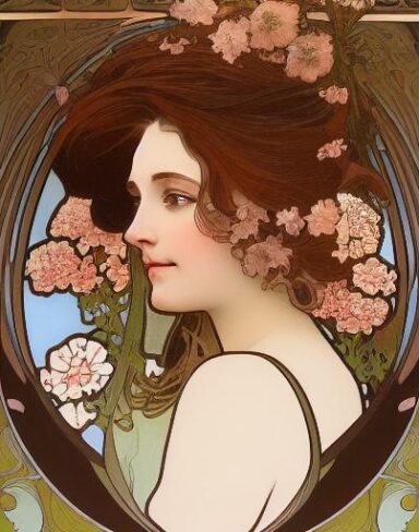 A picture of a woman with flowers in her brown hair