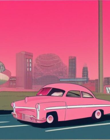 A pink car driving down a street at night