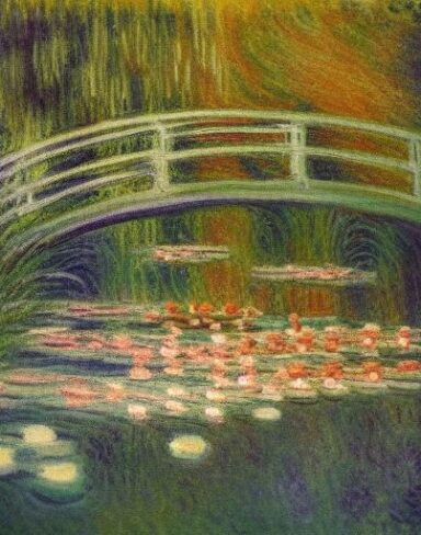 A placid painting of many goldfish swimming in a pond filled with candles