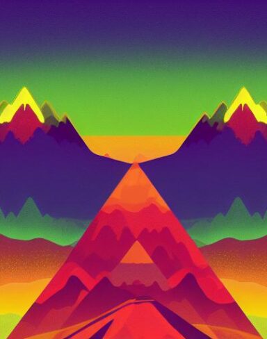 A psychedelic poster with mountains