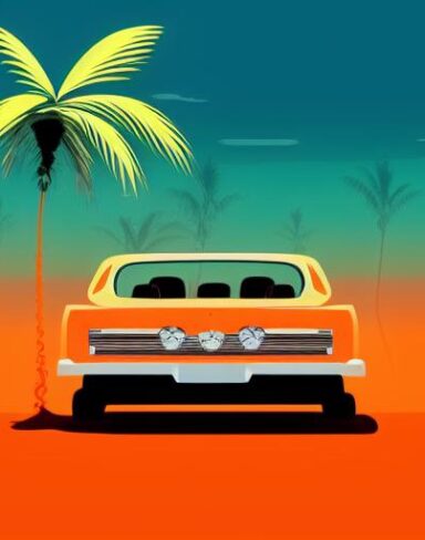 A retro orange car with palm trees