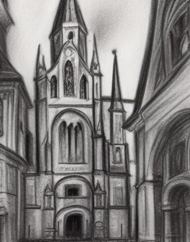 A rough black and white drawing of a city and church at day