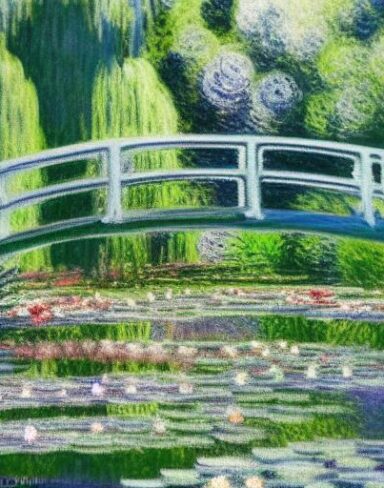 A serene painting of fairies dancing above a pond filled with water lilies