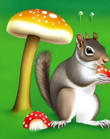 A squirrel standing near a mushroom