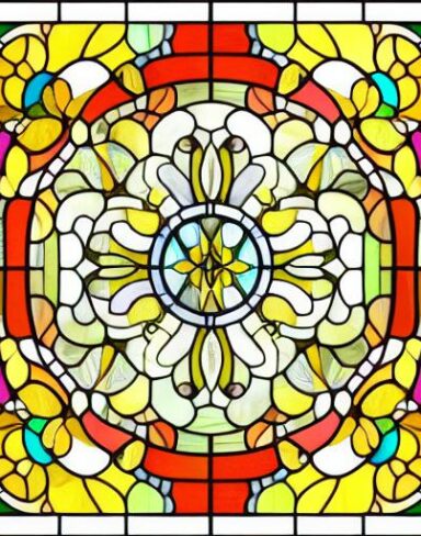 A stained glass picture of bright flowers