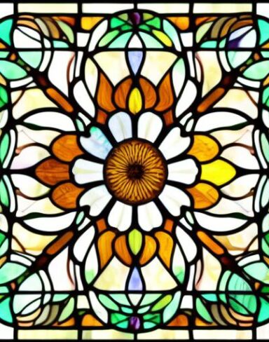 A stained glass picture of daisy flowers