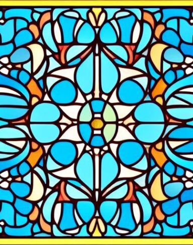 A stained glass picture of sky blue flowers
