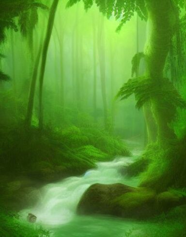A stream running through a lush green forest