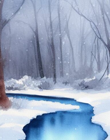 A tranquil watercolor painting of snow-covered trees and a stream on a snowing day