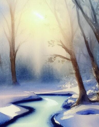 A tranquil watercolor painting of snow-covered trees and a stream with sunshine