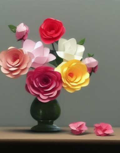 A vase filled with paper flowers on top of a table