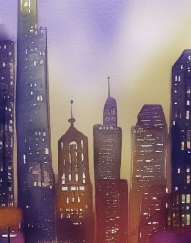 A watercolor drawing of a view of a cityscape and buildings at night with sky