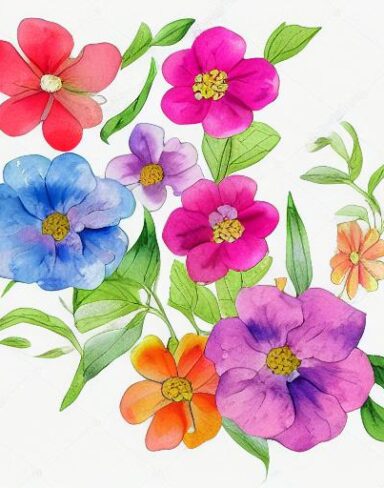 A watercolor drawing of colorful blossom flowers on a white background inspired by Esteban Vicente