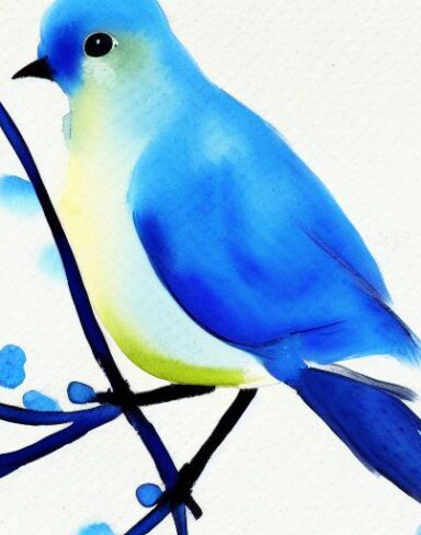 A watercolor painting of a blue bird with branch inspired by Paul Bird