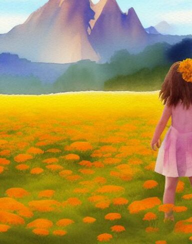 A watercolor painting of a field of marigolds with a mountain in the background