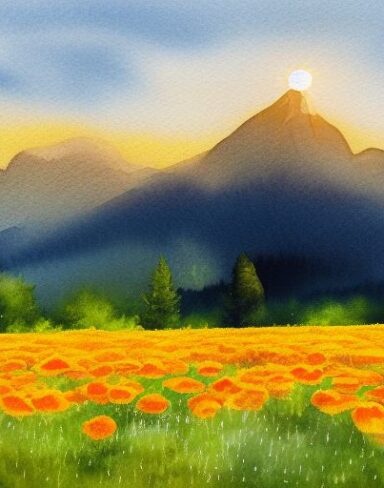 A watercolor painting of a field of marigolds with a mountain in the background