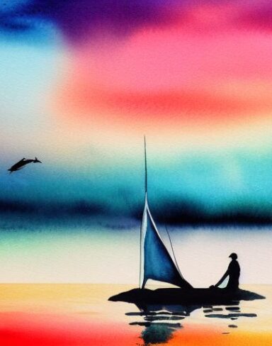 A watercolor painting of a man standing on a sailboat in the ocean at sunset with dolphins