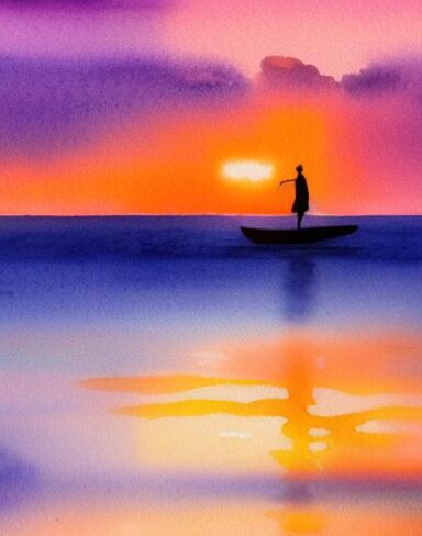 A watercolor painting of a man standing on a sailboat in the ocean at sunset with dolphins