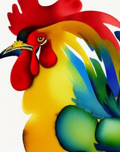 A watercolor painting of a rooster on a white background by Olga Boznańska