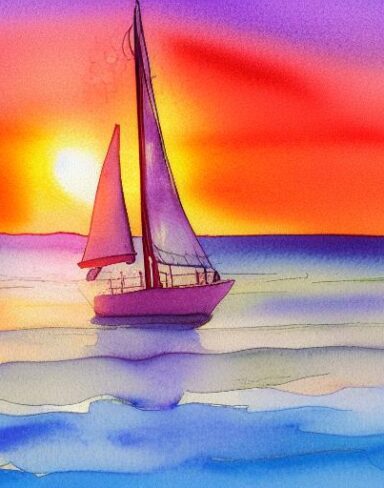 A watercolor painting of a sailboat in the ocean at sunset with big sea waves and sunlight beams