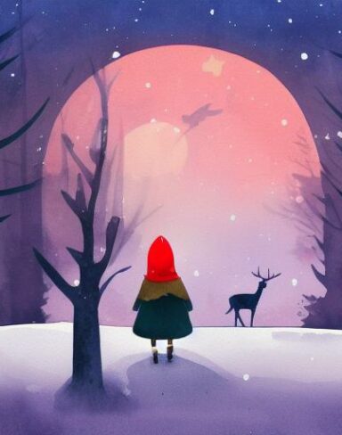 A watercolor painting of little girl with red hood facing backward standing next to a deer in winter under moonlight