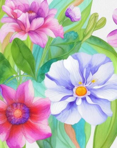 A watercolor painting of vivid flowers on a white background inspired by Esteban Vicente