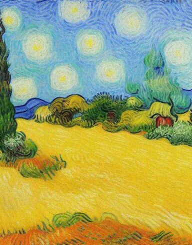 A wheatfield with cypress trees painting