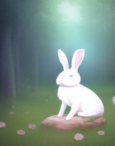 A white rabbit sitting in the middle of a forest in a serene moment
