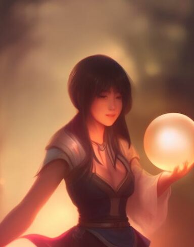 A woman holding a glowing ball in her hand