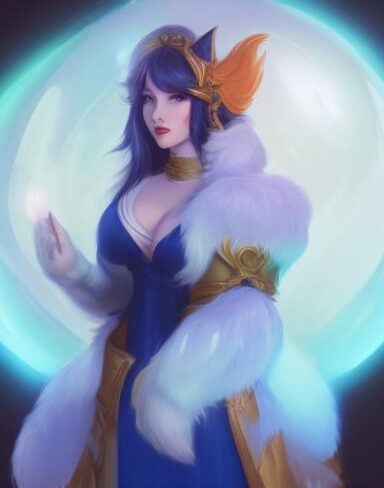 A woman in a blue outfit holding a glowing ball