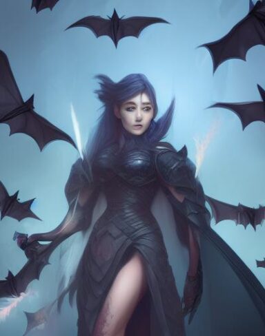 A woman standing in front of a bunch of bats