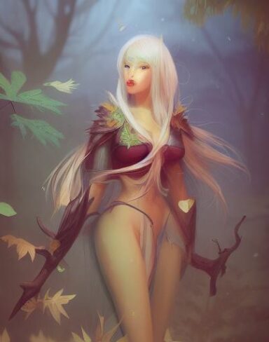 A woman standing in the forest with leaves